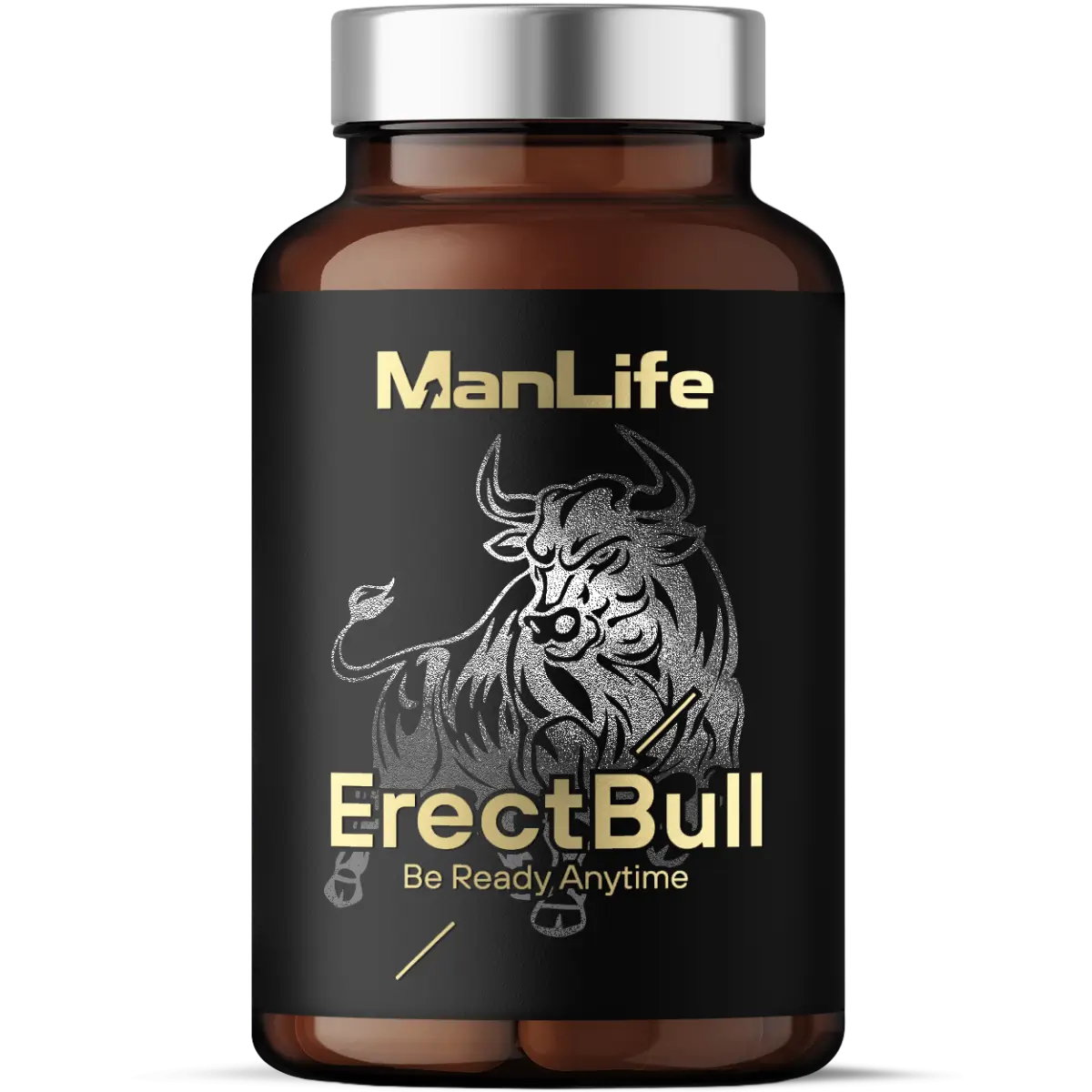 Suplement diety ManLife ErectBull w kapsułkach, opakowanie czarne z wizerunkiem byka, preparat wspierający męską potencję, napis Be Ready Anytime.