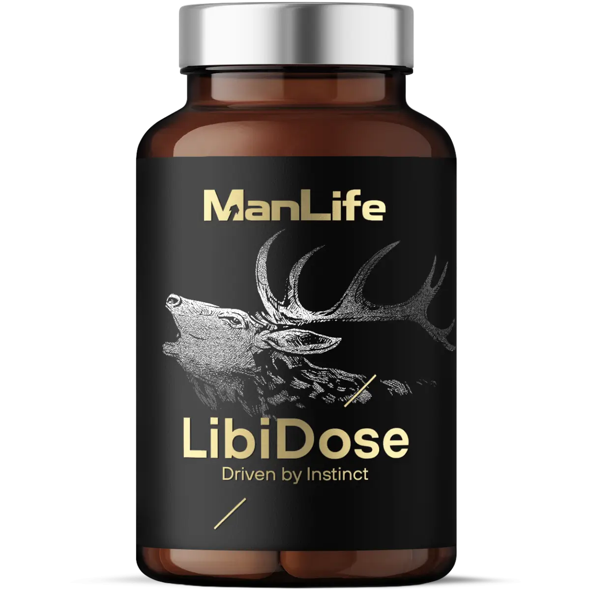 Suplement diety ManLife LibiDose w kapsułkach, opakowanie z czarną etykietą i grafiką jelenia, napis Driven by Instinct.