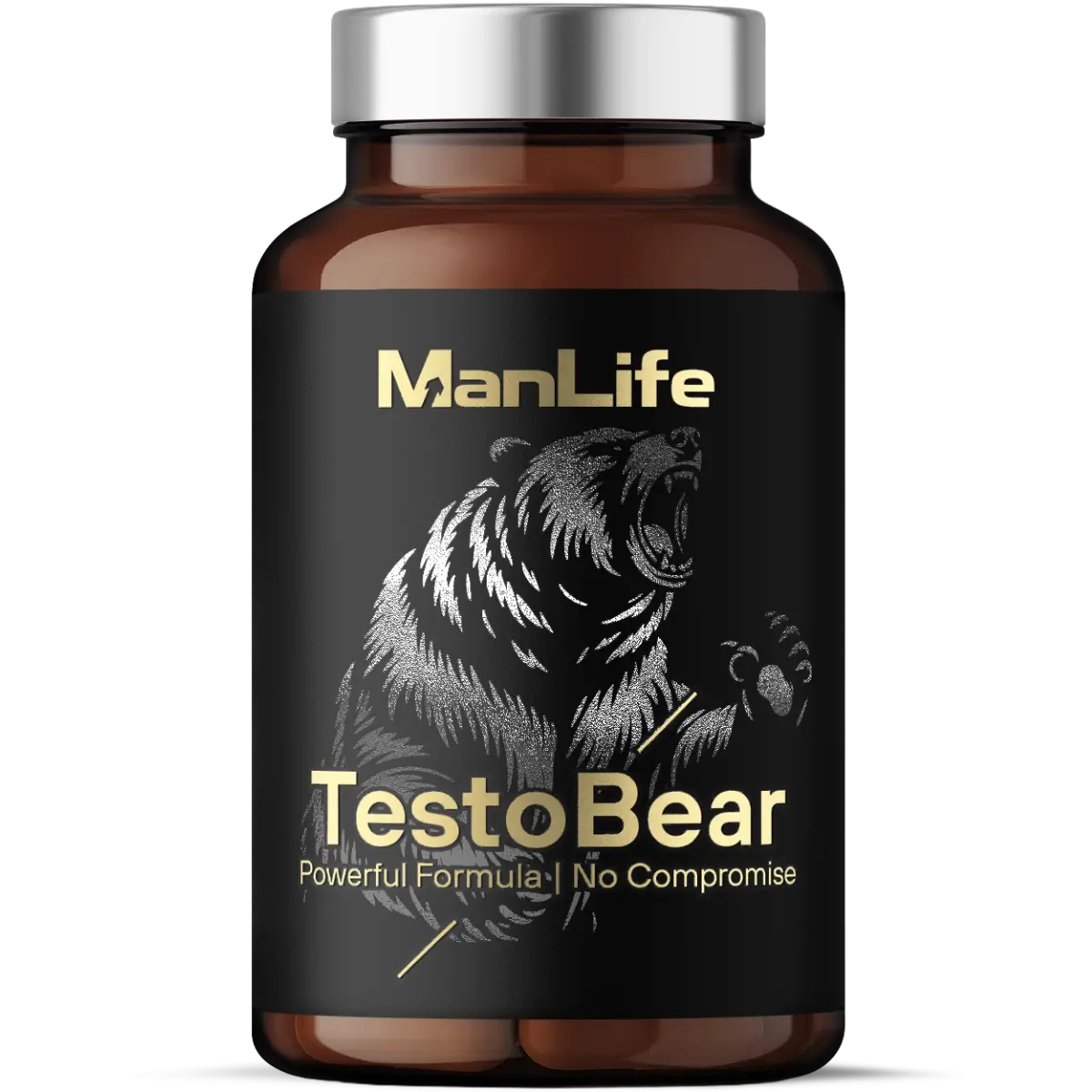 ManLife TestoBear suplement diety w kapsułkach, opakowanie brązowa butelka z czarną etykietą i srebrnym wieczkiem, formuła wspierająca męską wydolność, napis Powerful Formula No Compromise.