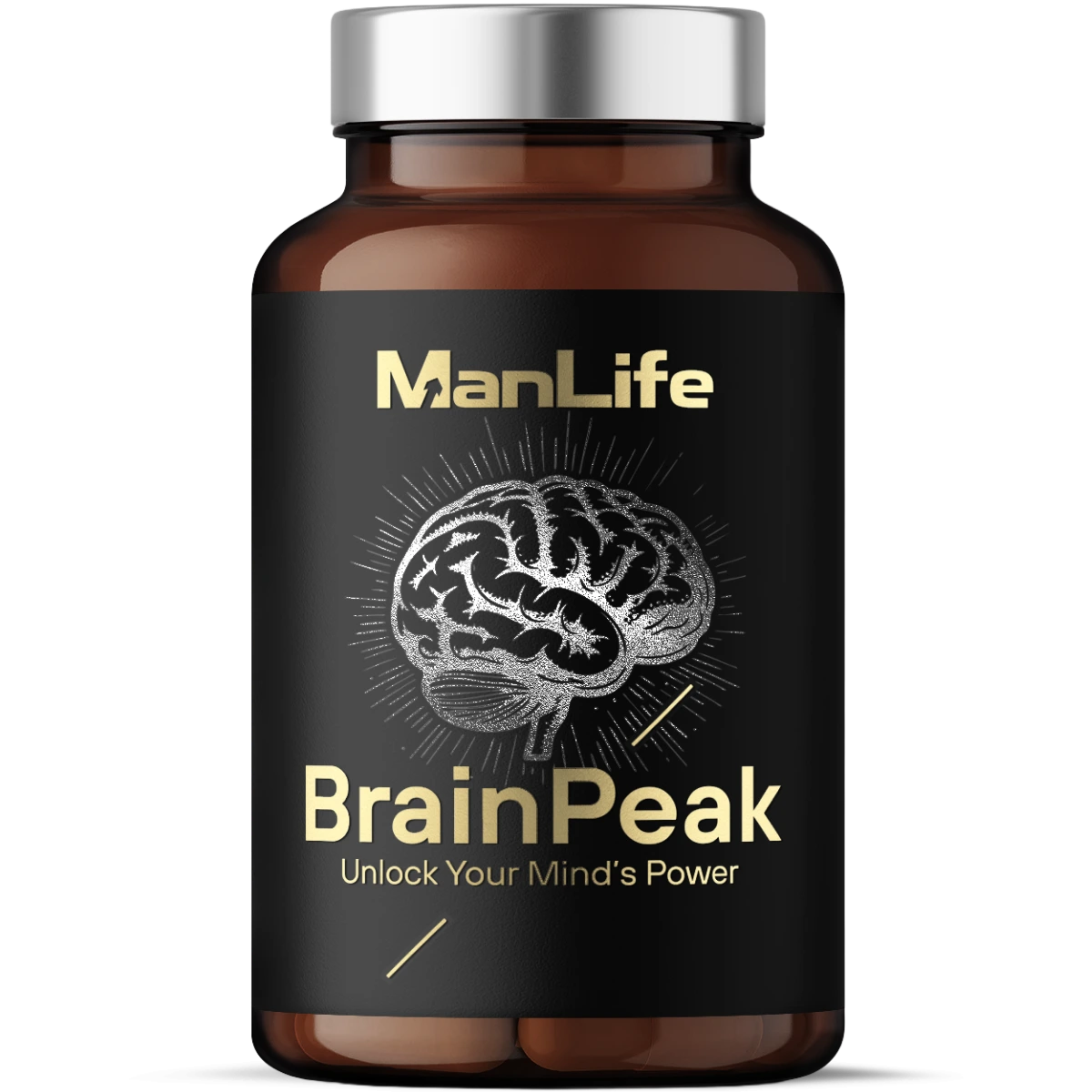 Suplement diety ManLife BrainPeak w kapsułkach, wspierający funkcje mózgu, w brązowej butelce z czarną etykietą i srebrno-złotym nadrukiem.