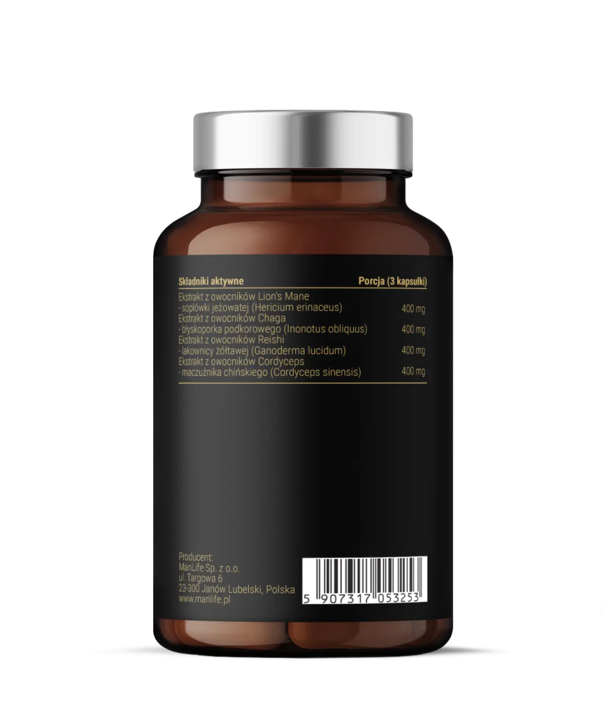 Butelka suplementu diety ManLife z ekstraktami grzybów Lion's Mane, Chaga, Reishi, Cordyceps, 3 kapsułki porcja, 400 mg każdego ekstraktu.