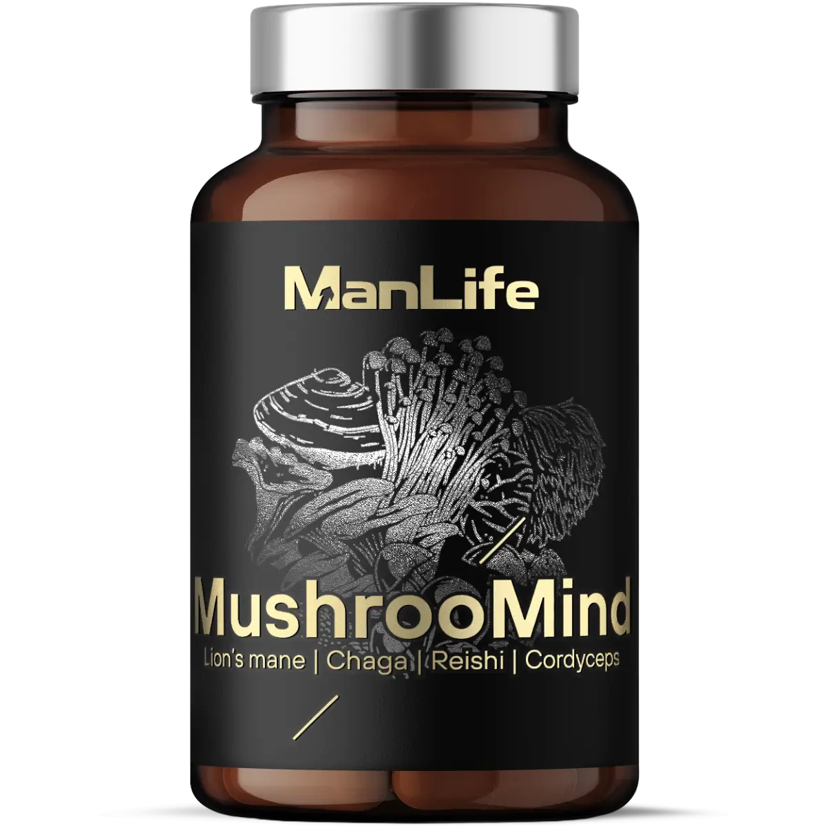 ManLife MushroomMind suplement diety w kapsułkach, ekstrakty z Lion's mane, Chaga, Reishi i Cordyceps, butelka brązowa z czarną etykietą i srebrną nakrętką.
