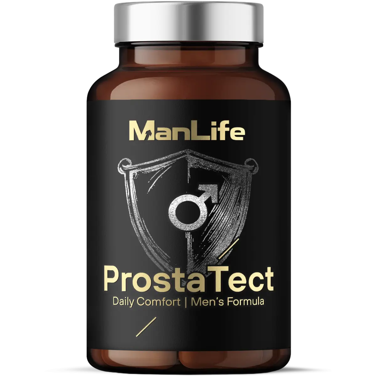 Suplement diety ManLife ProstaTect w kapsułkach, formuła dla mężczyzn wspierająca komfort prostaty, opakowanie z ciemnego plastiku z czarną etykietą i złotym napisem.