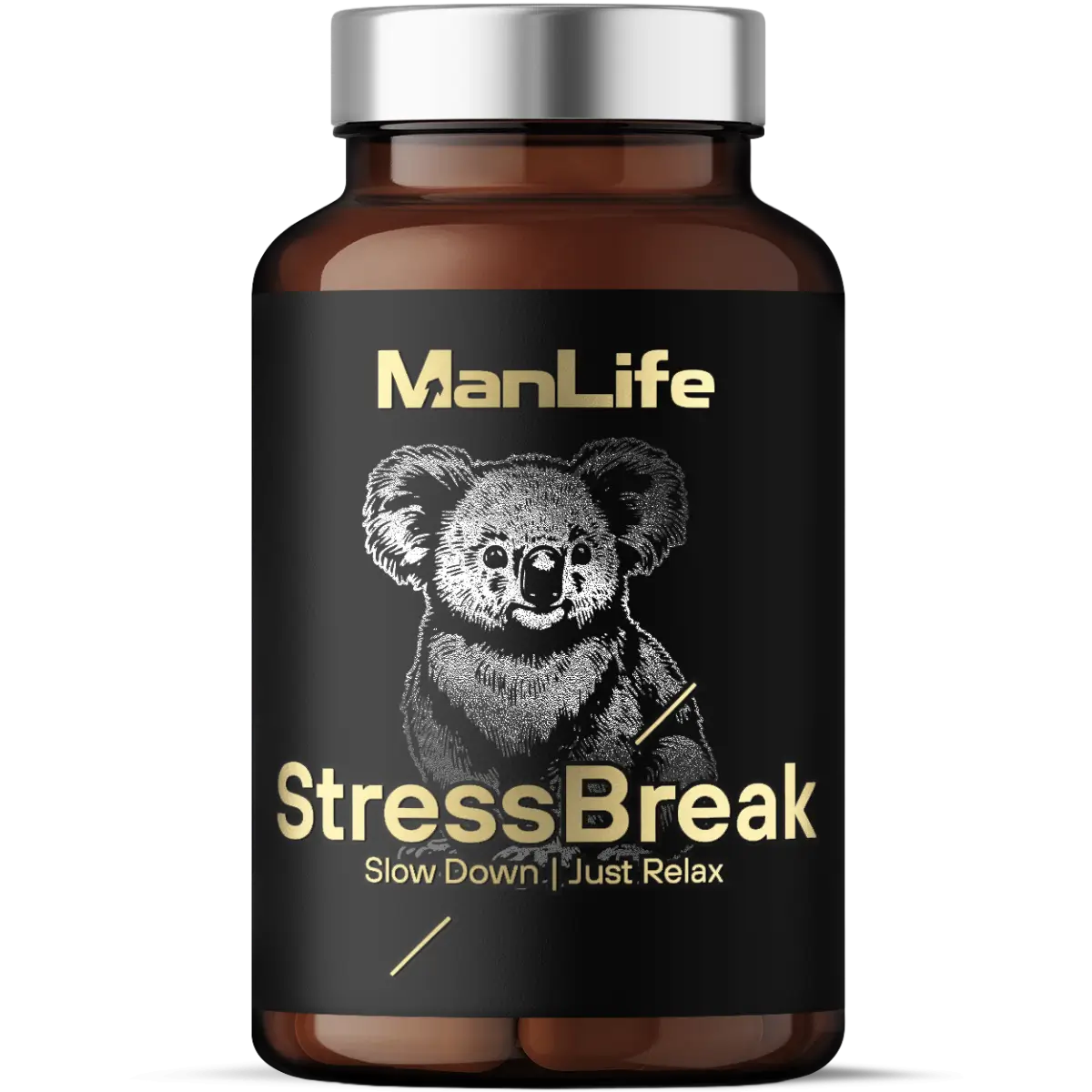 Suplement diety ManLife StressBreak w brązowej butelce z czarną etykietą i srebrną nakrętką, produkt na redukcję stresu z napisem Slow Down Just Relax.
