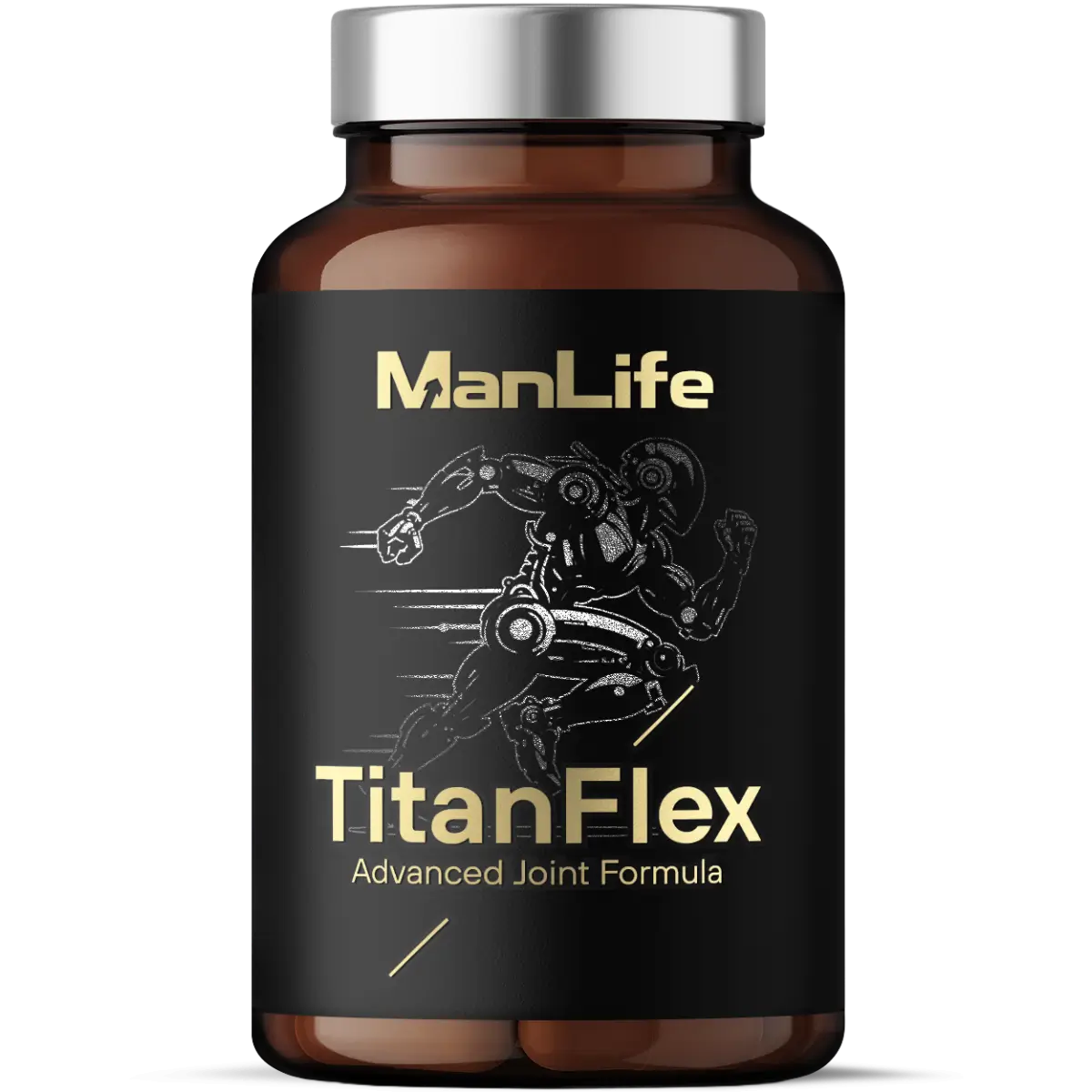 ManLife TitanFlex suplement diety na stawy w brązowej butelce z czarną etykietą i srebrną nakrętką, zaawansowana formuła wspierająca mobilność.