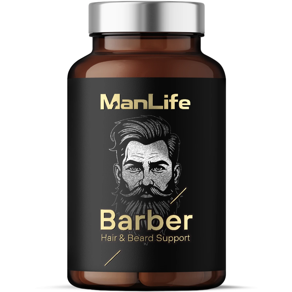 ManLife Barber Hair & Beard Support suplement diety w brązowej butelce z czarną etykietą i złotym napisem, wspierający włosy i brodę mężczyzn.