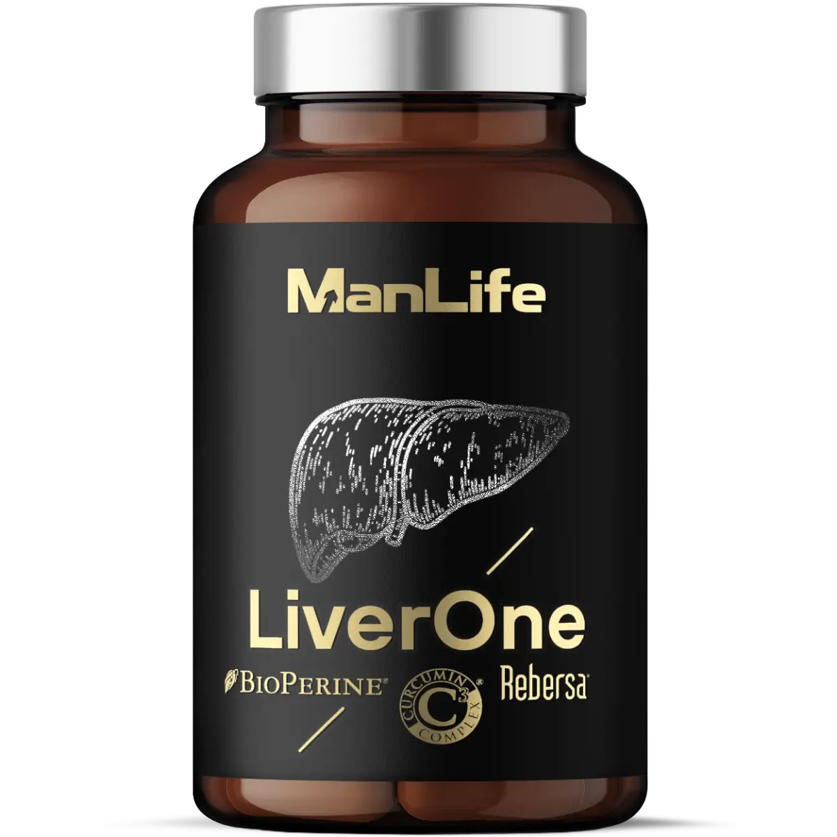 Suplement diety ManLife LiverOne w brązowej butelce z czarną etykietą, zawierający BioPerine i kompleks Curcumin C3, wspierający zdrowie wątroby.