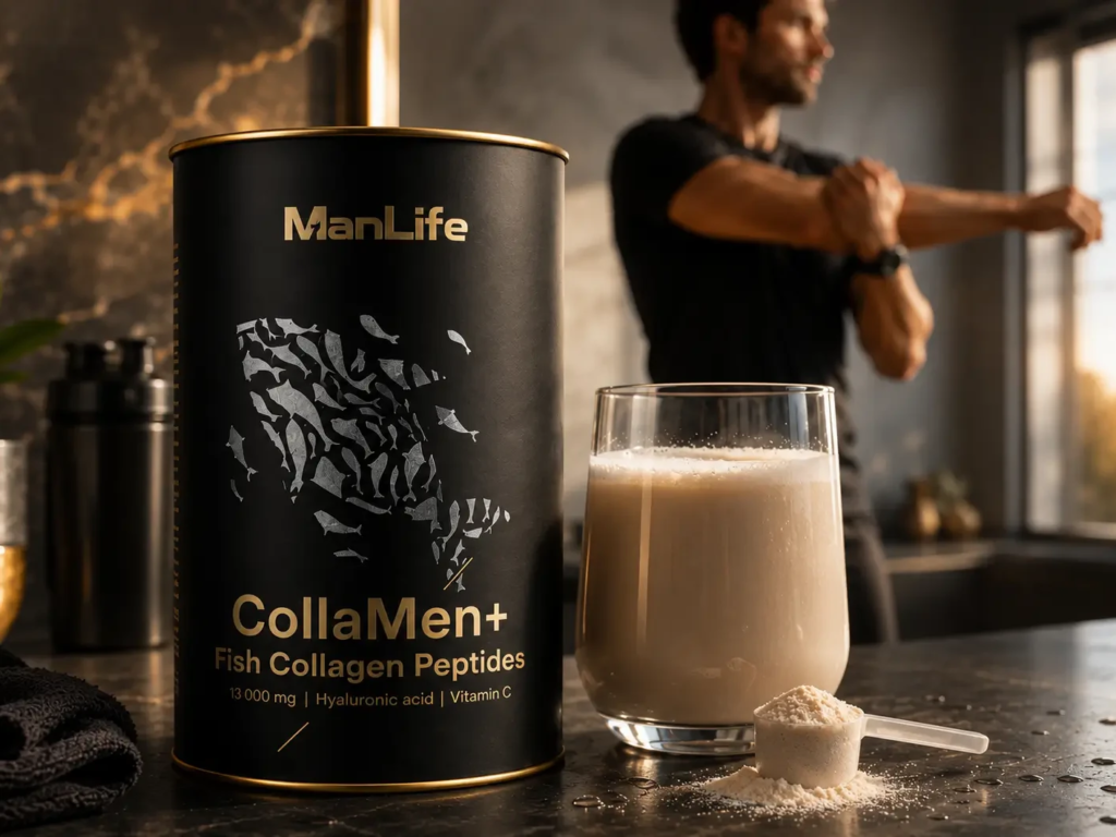 ManLife CollaMen+ Fish Collagen Peptides suplement diety w proszku z kolagenem rybim, kwasem hialuronowym i witaminą C, czarne opakowanie, szklanka z napojem i miarka.