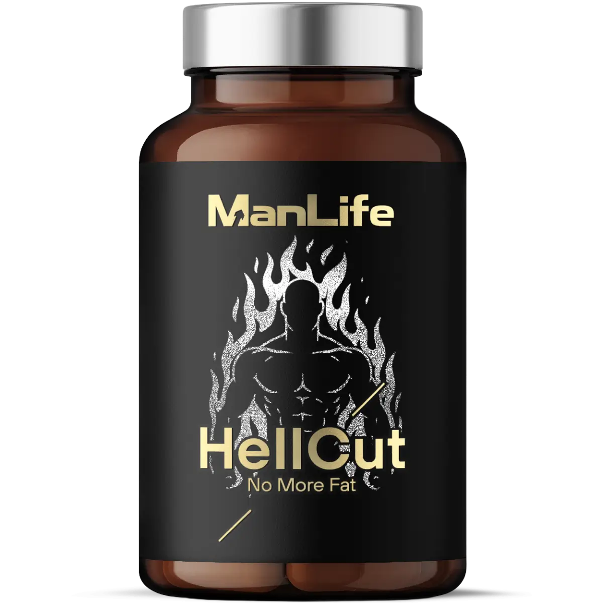 ManLife HellCut suplement diety na redukcję tłuszczu w kapsułkach, opakowanie brązowa butelka z czarną etykietą i srebrną nakrętką.