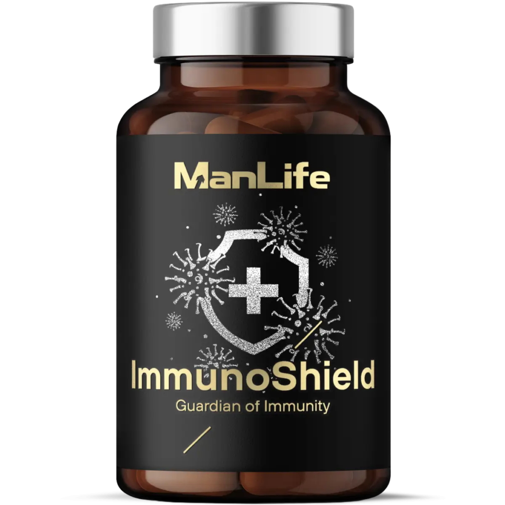 Suplement diety ManLife ImmunoShield w brązowej butelce z czarną etykietą, wspierający odporność, kapsułki w środku, napis Guardian of Immunity.