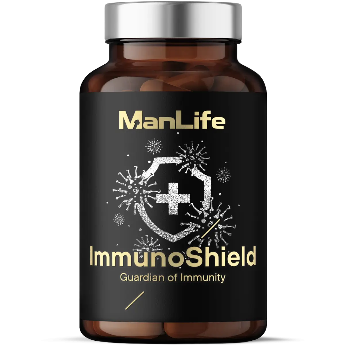 Suplement diety ManLife ImmunoShield w brązowej butelce z czarną etykietą, wspierający odporność, kapsułki w środku, napis Guardian of Immunity.