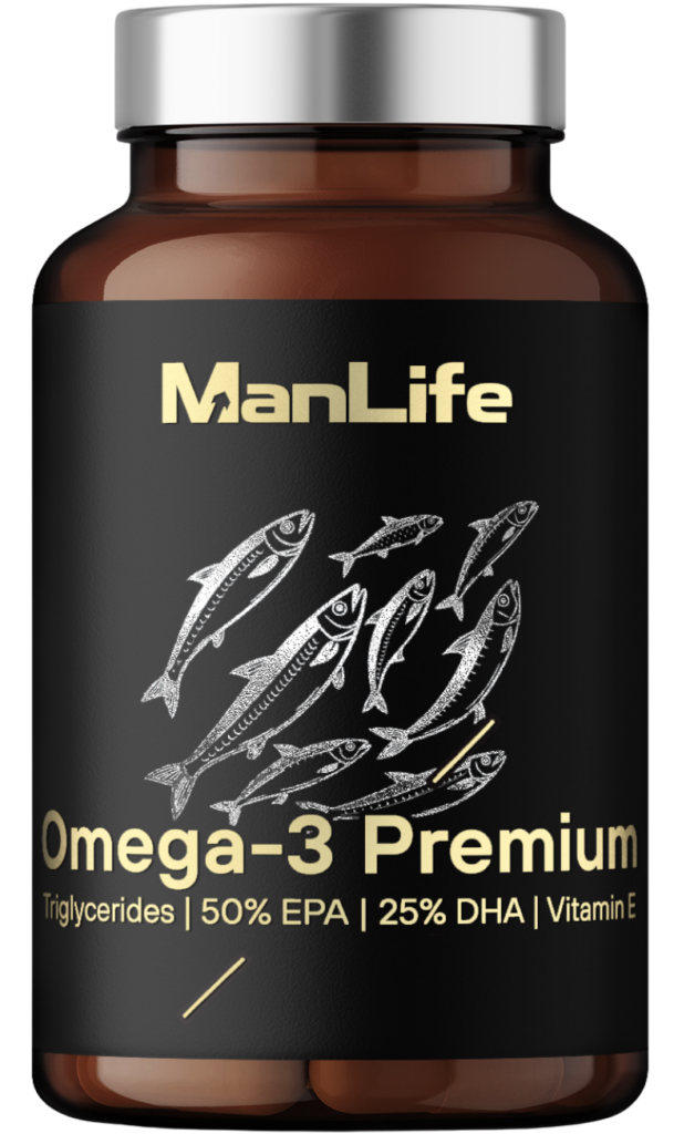 ManLife Omega-3 Premium w kapsułkach, suplement diety z 50% EPA, 25% DHA i witaminą E, w brązowej butelce z czarną etykietą i srebrną zakrętką.