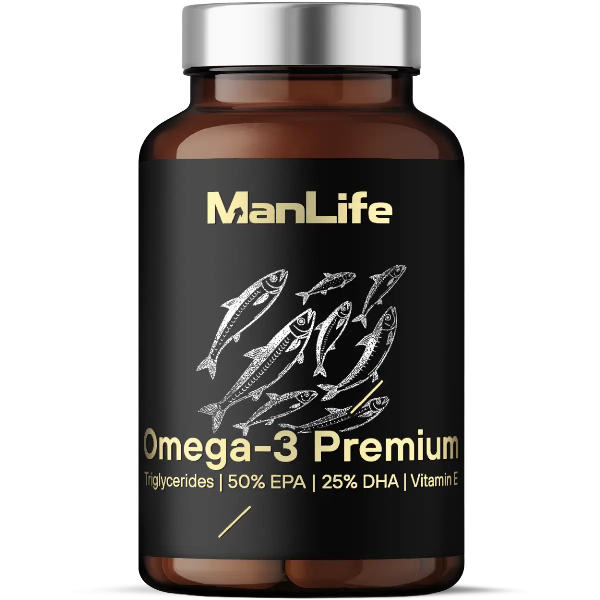 ManLife Omega-3 Premium w kapsułkach, suplement diety z triglicerydami, 50% EPA, 25% DHA i witaminą E, opakowanie brązowa butelka z czarną etykietą.