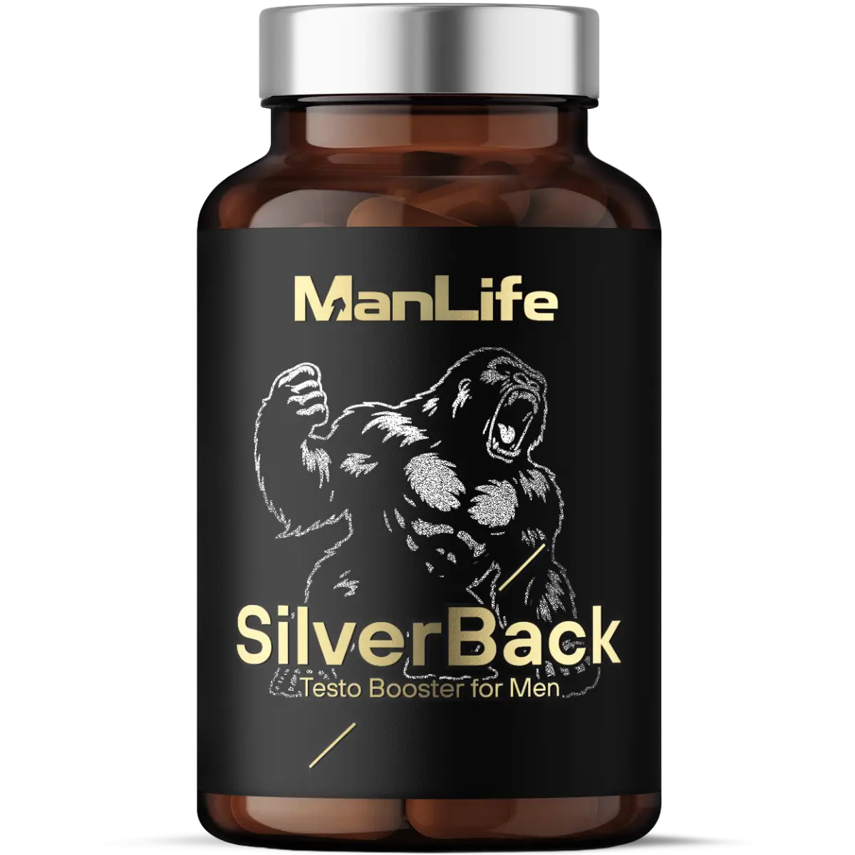 ManLife SilverBack Testo Booster for Men, suplement diety w kapsułkach, opakowanie brązowa butelka z czarną etykietą i srebrną nakrętką, dla mężczyzn.