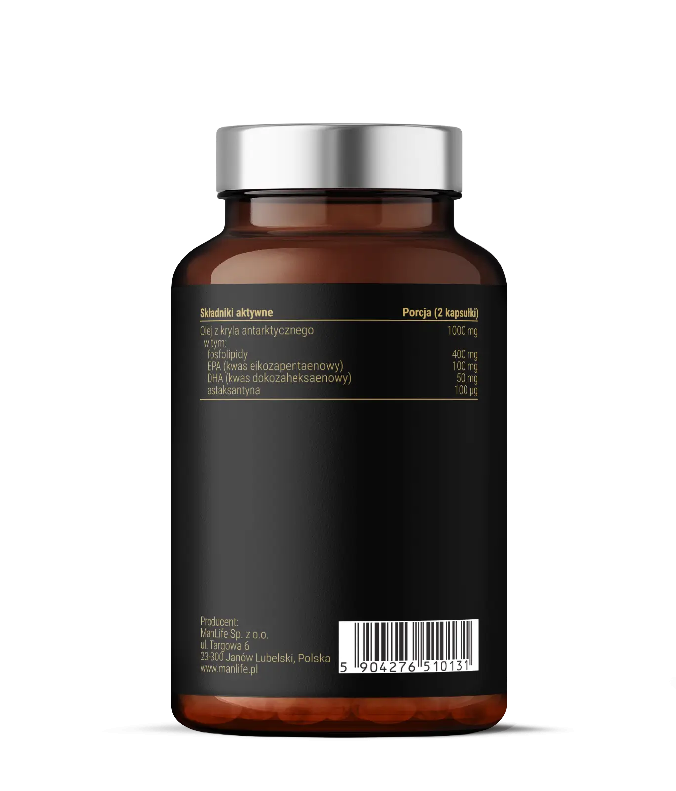 ManLife Olej z kryla antarktycznego w kapsułkach, 1000 mg, składniki aktywne: fosfolipidy 400 mg, EPA 100 mg, DHA 50 mg, astaksantyna 100 µg, opakowanie brązowa butelka.