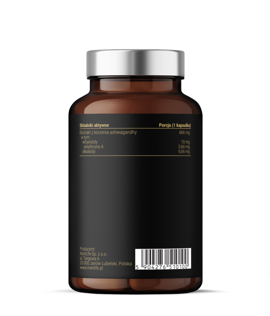 Suplement diety ManLife Ashwagandha w kapsułkach, ekstrakt z korzenia ashwagandhy, 666 mg na porcję, opakowanie brązowa butelka z czarną etykietą i srebrną zakrętką.