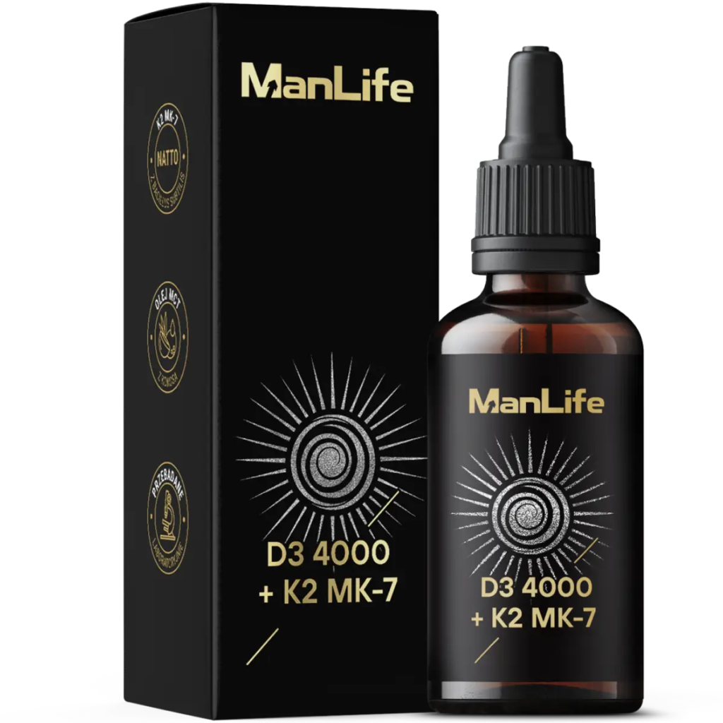 ManLife D3 4000 + K2 MK-7 krople w butelce z ciemnego szkła z pipetą, suplement diety dla mężczyzn, opakowanie kartonowe czarne z złotym napisem.