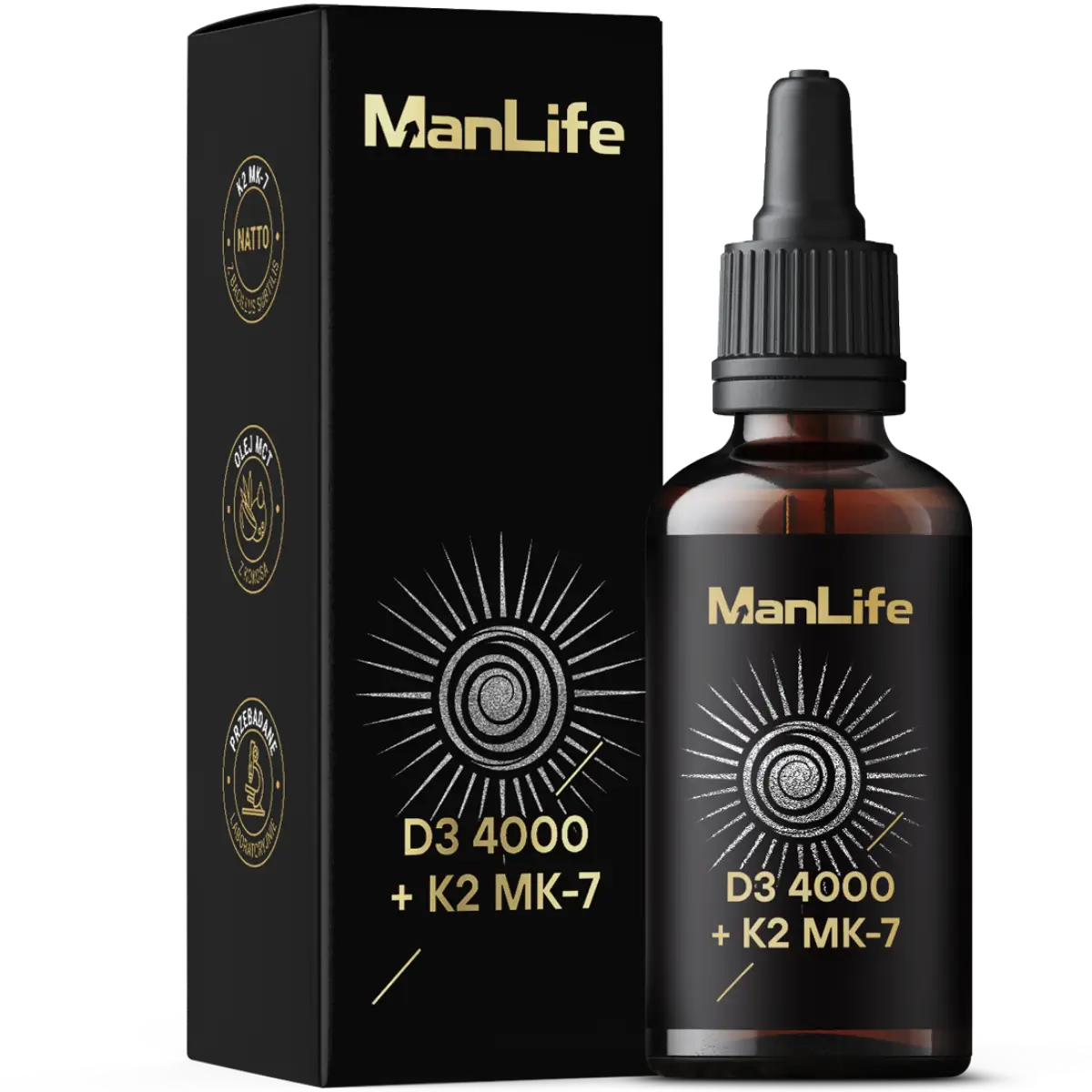 ManLife D3 4000 + K2 MK-7 krople w butelce z ciemnego szkła z pipetą, suplement diety dla mężczyzn, opakowanie kartonowe czarne z złotym napisem.