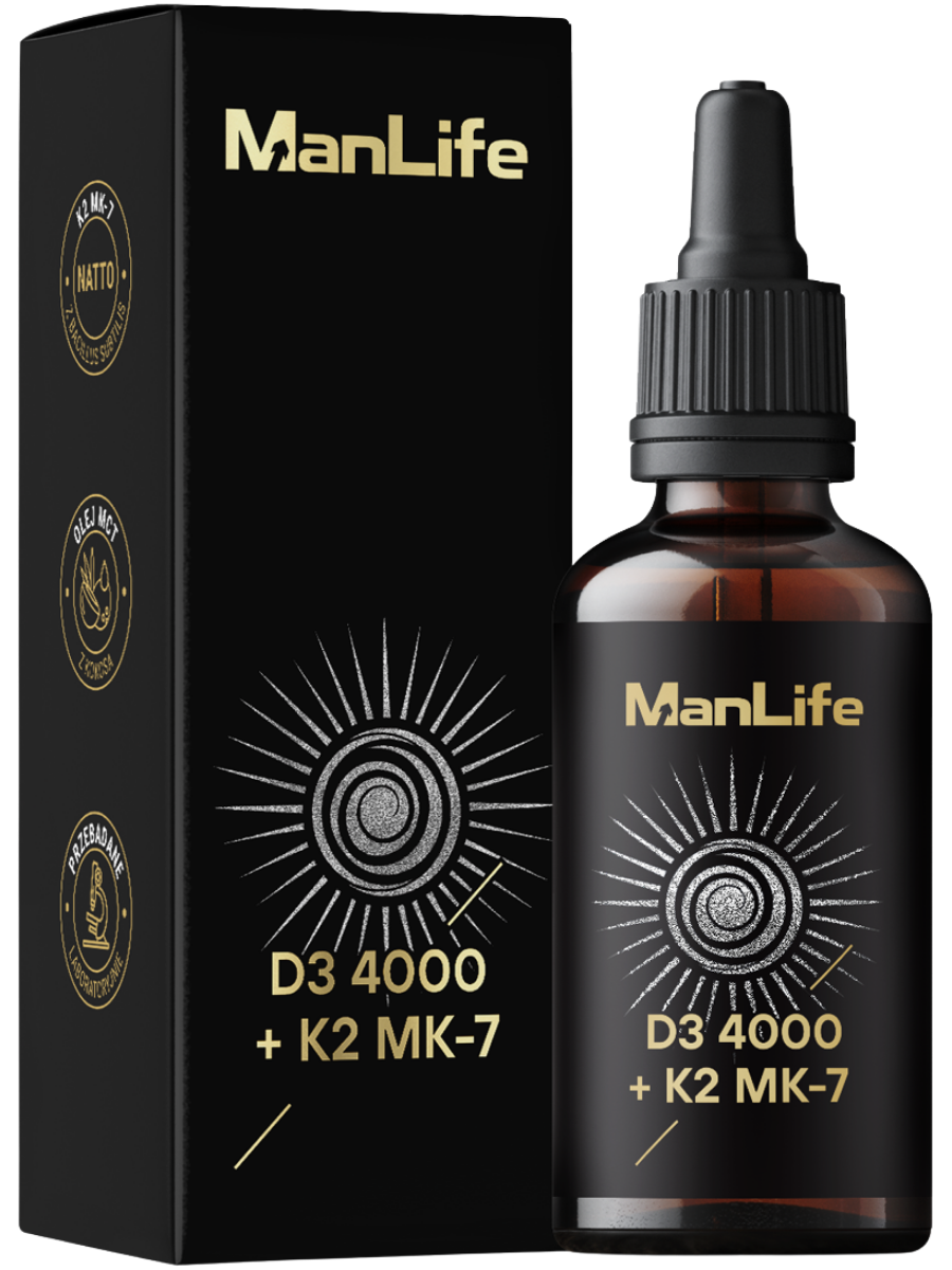 ManLife D3 4000 + K2 MK-7 krople w butelce z ciemnego szkła z pipetą, suplement diety z witaminą D3 i K2 MK-7, opakowanie czarne z złotym napisem.