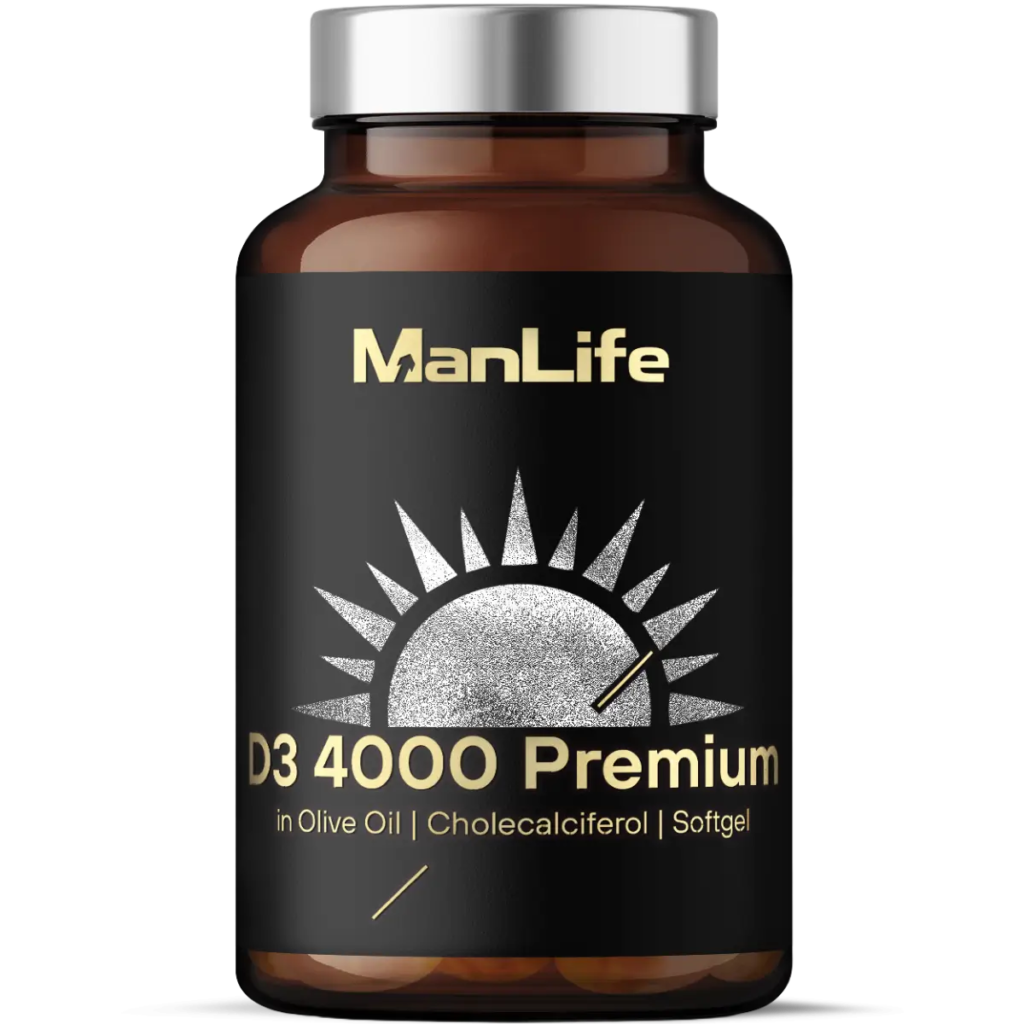 ManLife D3 4000 Premium kapsułki softgel z witaminą D3 w oleju z oliwek, opakowanie brązowa butelka z czarną etykietą i srebrną nakrętką.