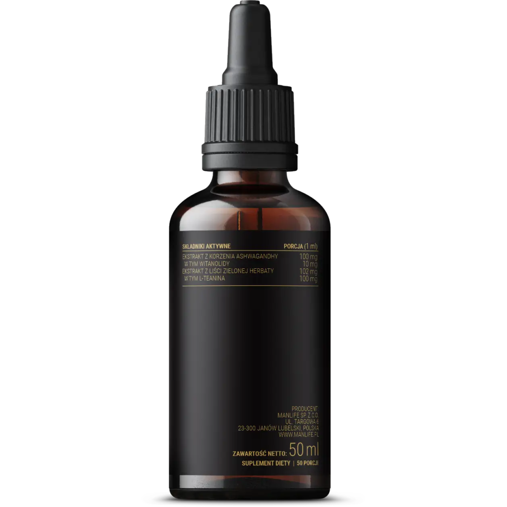 MANLIFE suplement diety w kroplach 50 ml, ekstrakt z korzenia ashwagandhy i liści zielonej herbaty, 50 porcji, ciemna butelka z kroplomierzem.