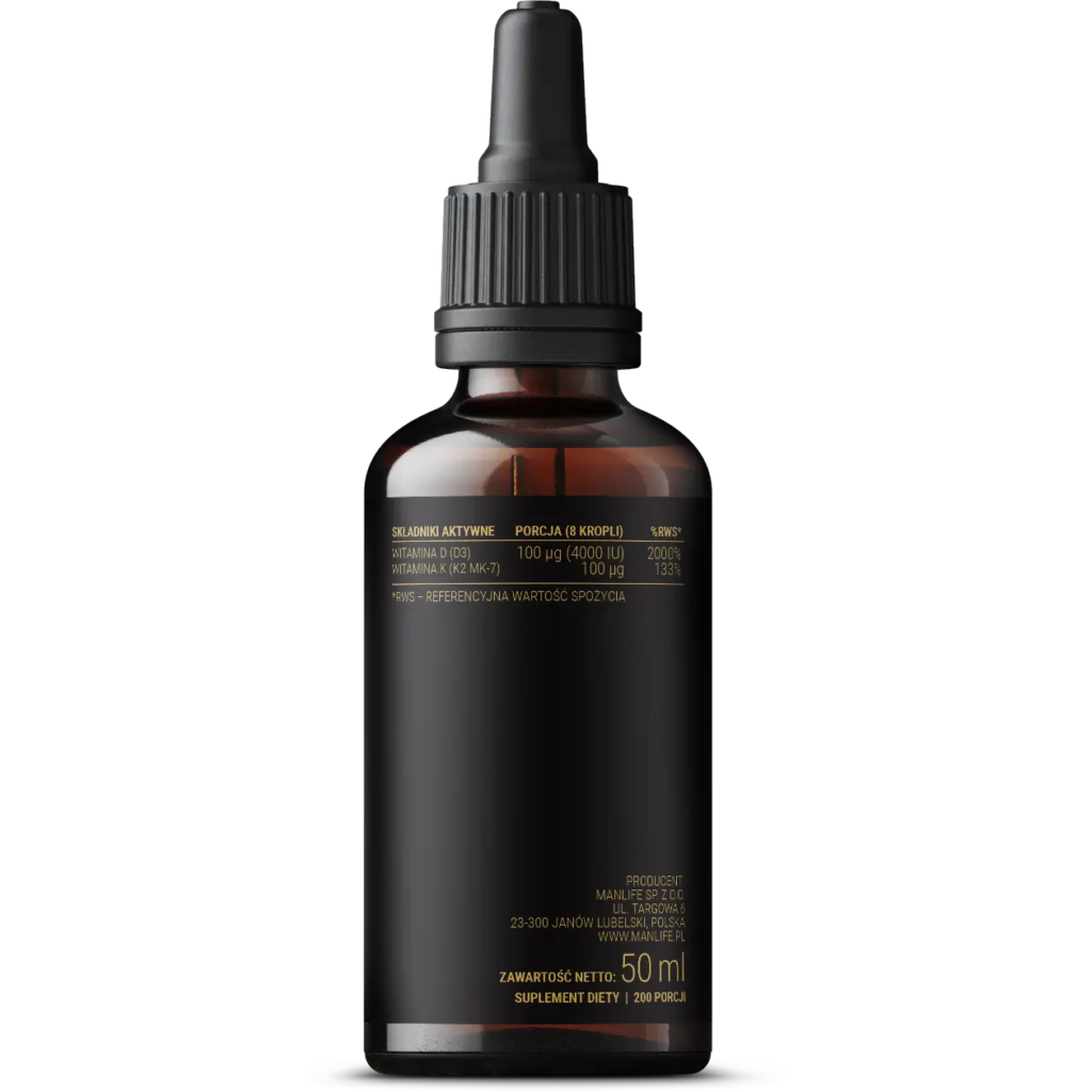 MANLIFE suplement diety witamina D3 i K2 w kroplach, butelka 50 ml, 200 porcji, etykieta z informacją o składnikach i dawkowaniu.