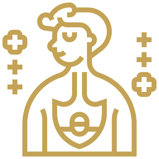 Ikona sylwetki mężczyzny z zaznaczonym układem oddechowym i symbolami zdrowia, ilustracja medyczna w kolorze złotym.