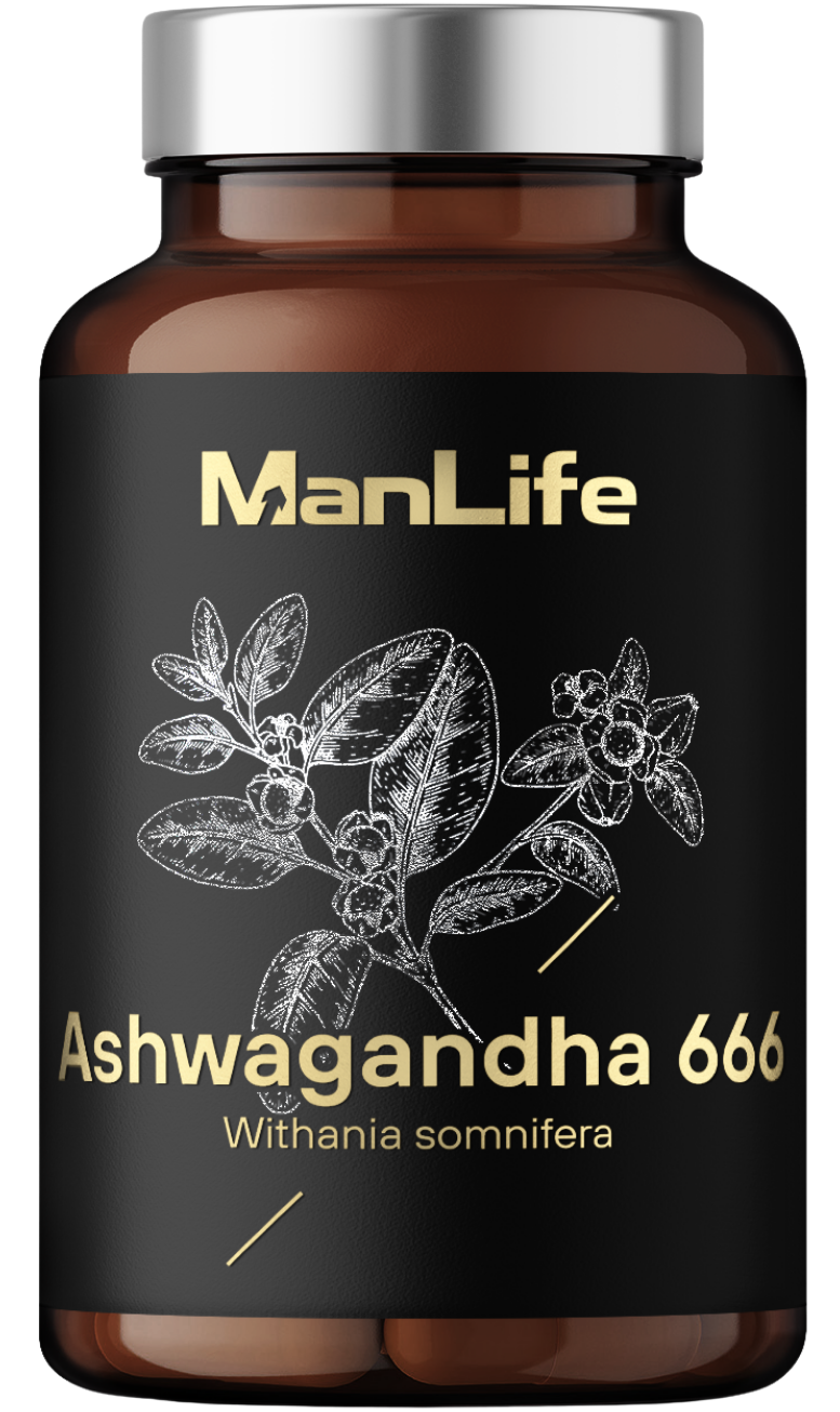 ManLife Ashwagandha 666 suplement diety w kapsułkach, ekstrakt z Withania somnifera, opakowanie szklane z czarną etykietą i srebrną zakrętką.