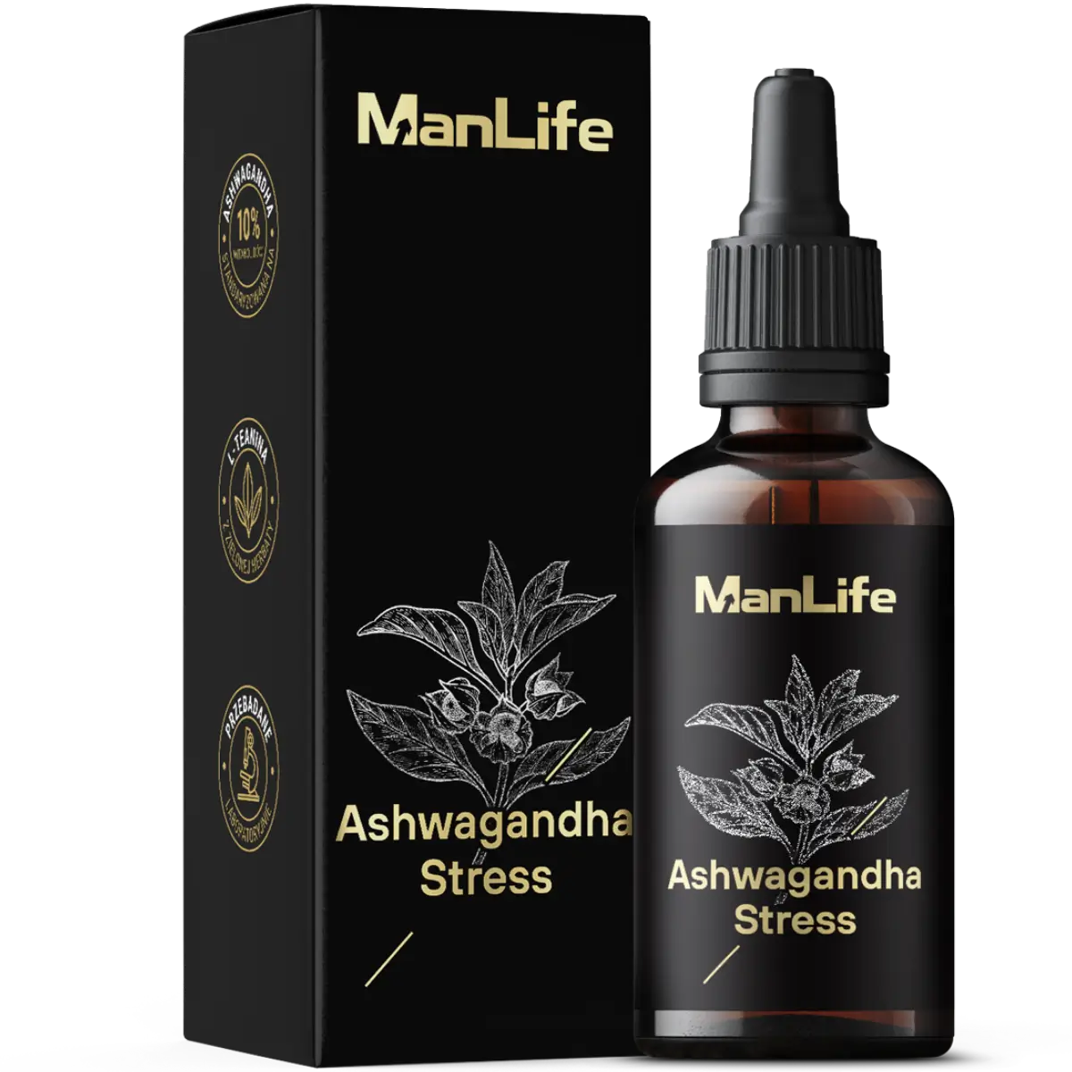 ManLife Ashwagandha Stress krople w szklanej butelce z zakraplaczem i czarne opakowanie z ilustracją rośliny, suplement diety wspierający redukcję stresu.