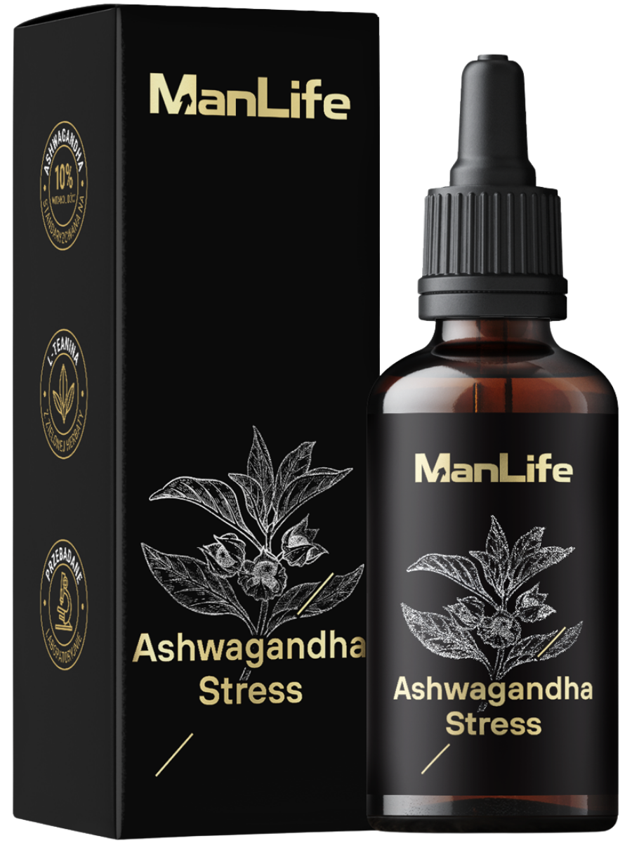 ManLife Ashwagandha Stress krople w butelce z ciemnego szkła z zakraplaczem, suplement na stres, opakowanie czarne z nadrukiem rośliny Ashwagandha.