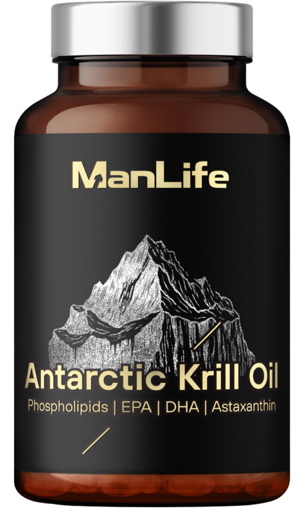 ManLife Antarctic Krill Oil kapsułki z olejem kryla antarktycznego, z fosfolipidami, EPA, DHA i astaksantyną, w brązowej butelce z czarną etykietą i srebrną zakrętką.