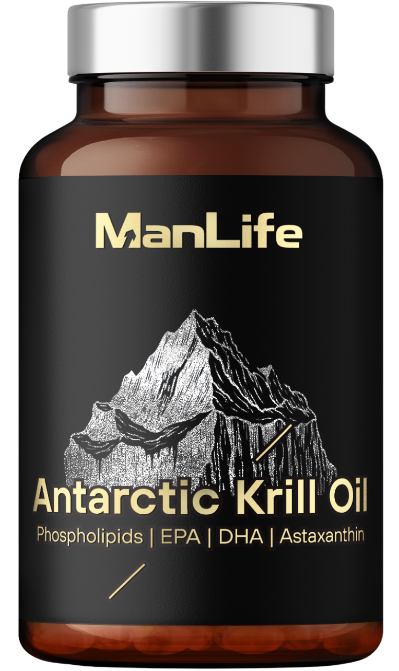 ManLife Antarctic Krill Oil kapsułki z olejem kryla antarktycznego, z fosfolipidami, EPA, DHA i astaksantyną, w brązowej butelce z czarną etykietą i srebrną zakrętką.