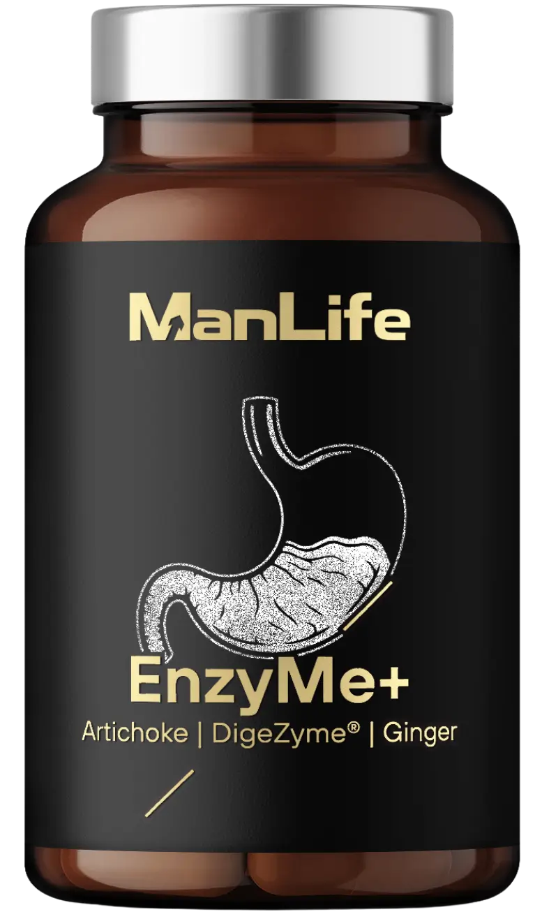 ManLife EnzyMe+ suplement diety w kapsułkach z karczochem, DigeZyme® i imbirem, wspierający trawienie, w brązowym opakowaniu z czarną etykietą.