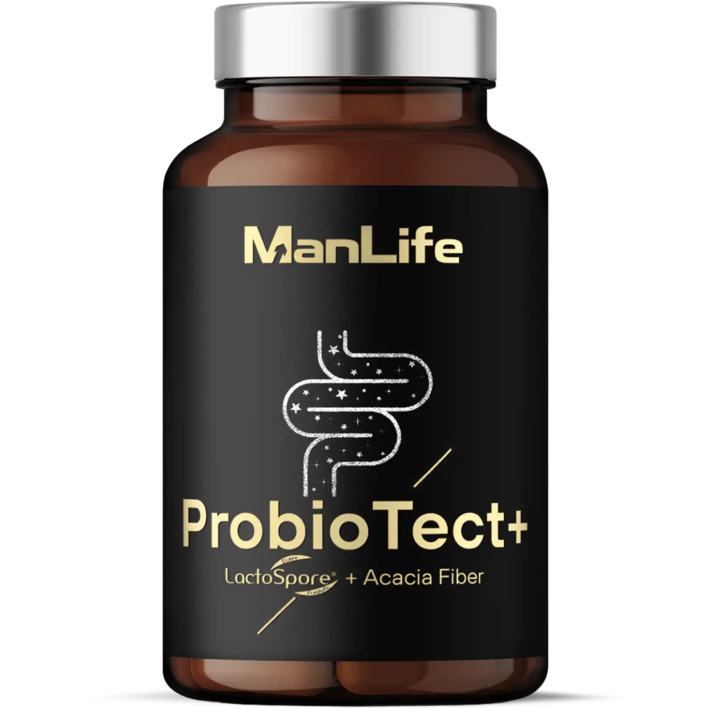 ManLife ProbioTect+ suplement diety w kapsułkach z probiotykiem LactoSpore i błonnikiem akacjowym, opakowanie brązowa butelka z czarną etykietą.