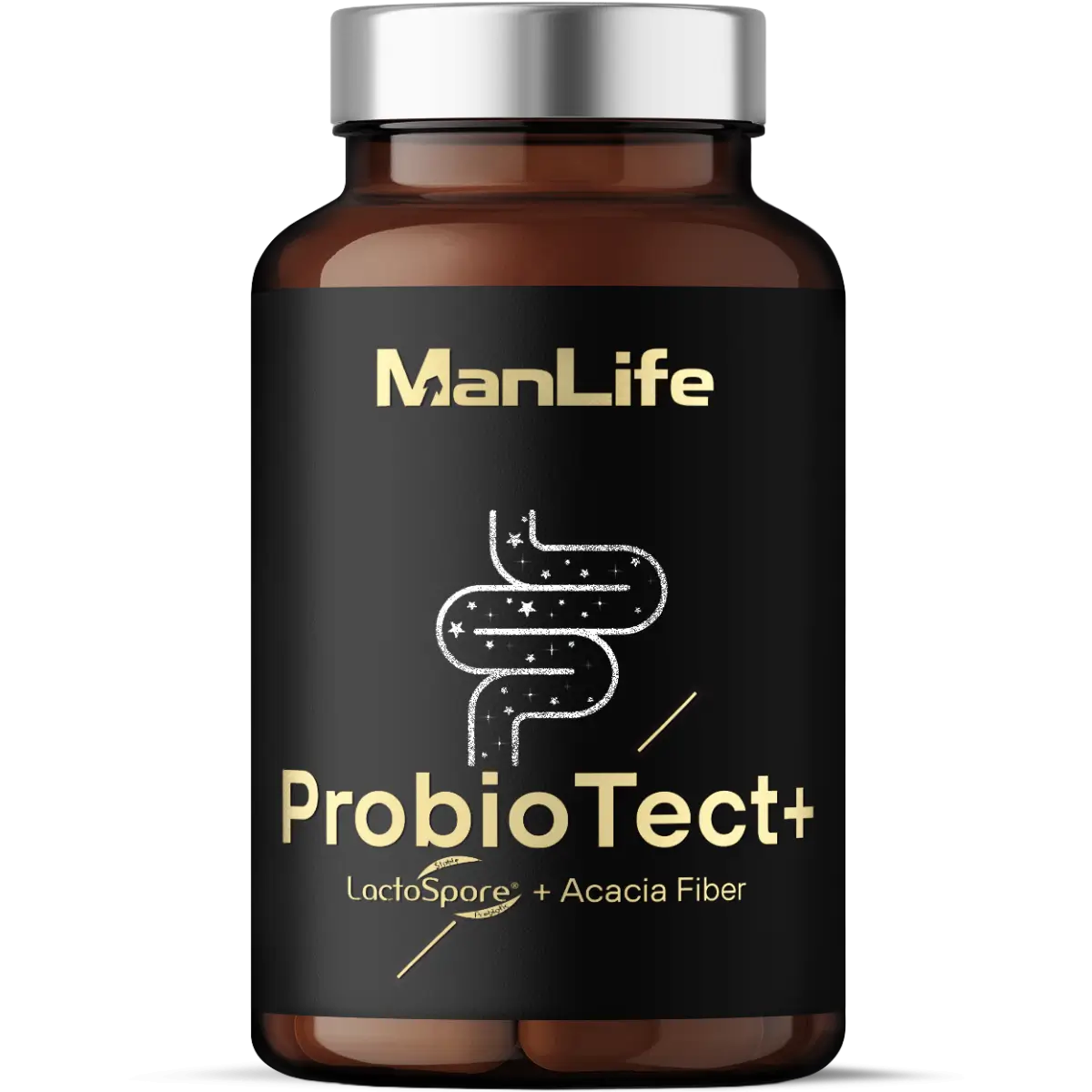 ManLife ProbioTect+ suplement diety w kapsułkach z probiotykiem LactoSpore i błonnikiem akacjowym, opakowanie brązowa butelka z czarną etykietą.