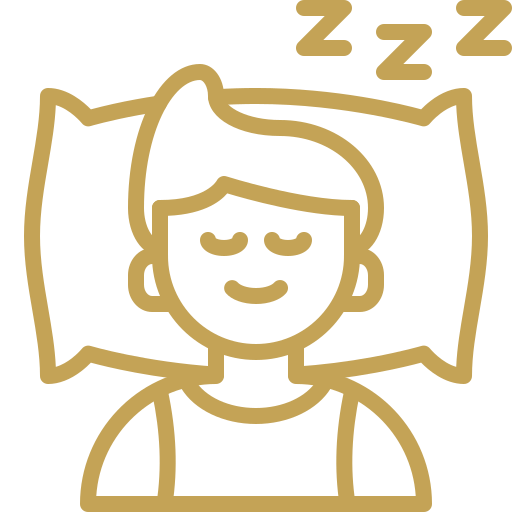 Ikona mężczyzny śpiącego na poduszce z symbolem "zzz" oznaczającym sen, linia w kolorze złotym.
