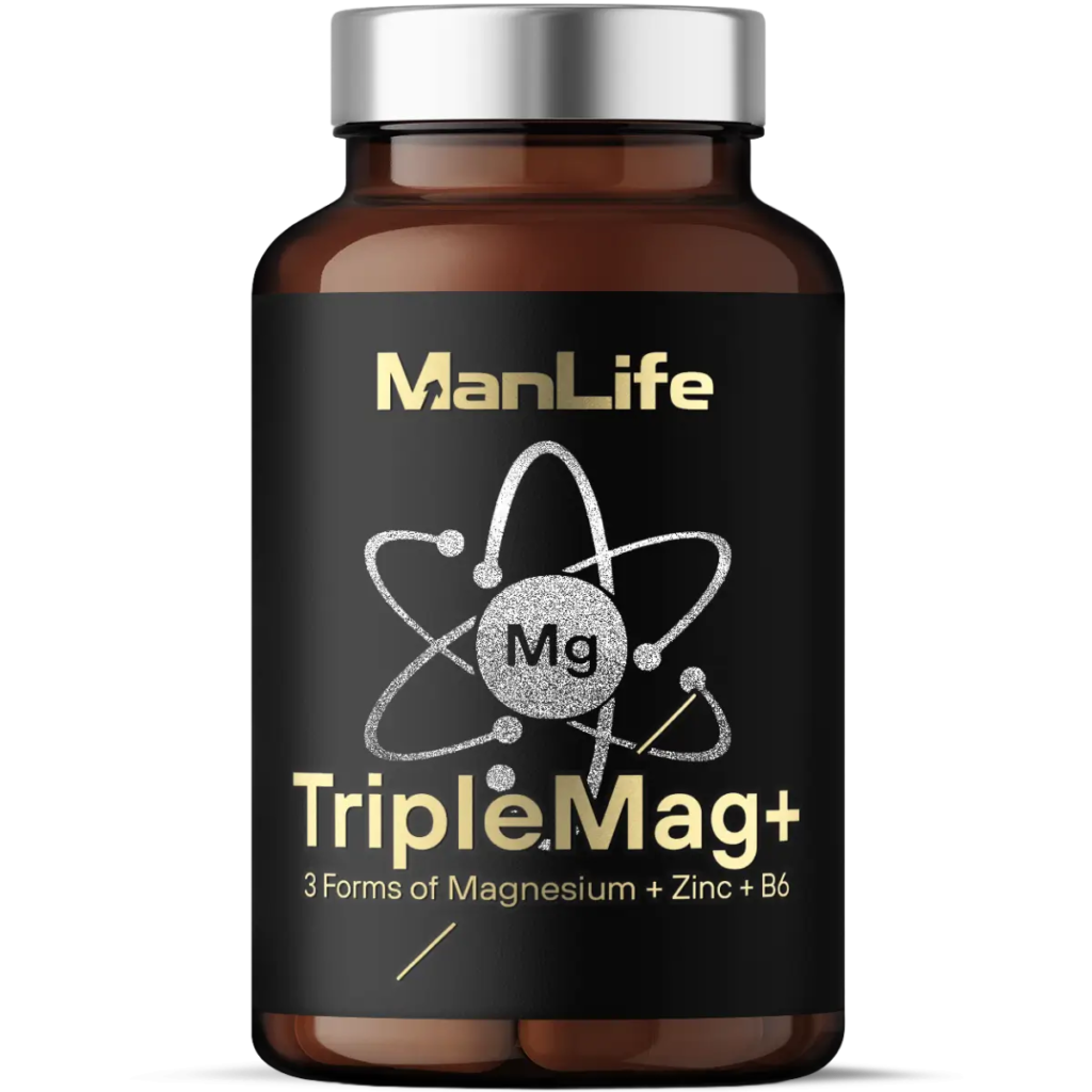 ManLife TripleMag+ suplement diety w kapsułkach z trzema formami magnezu, cynkiem i witaminą B6 w czarnym opakowaniu z metalową zakrętką.