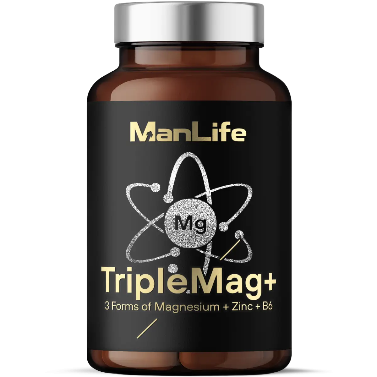 ManLife TripleMag+ suplement diety w kapsułkach z trzema formami magnezu, cynkiem i witaminą B6 w czarnym opakowaniu z metalową zakrętką.