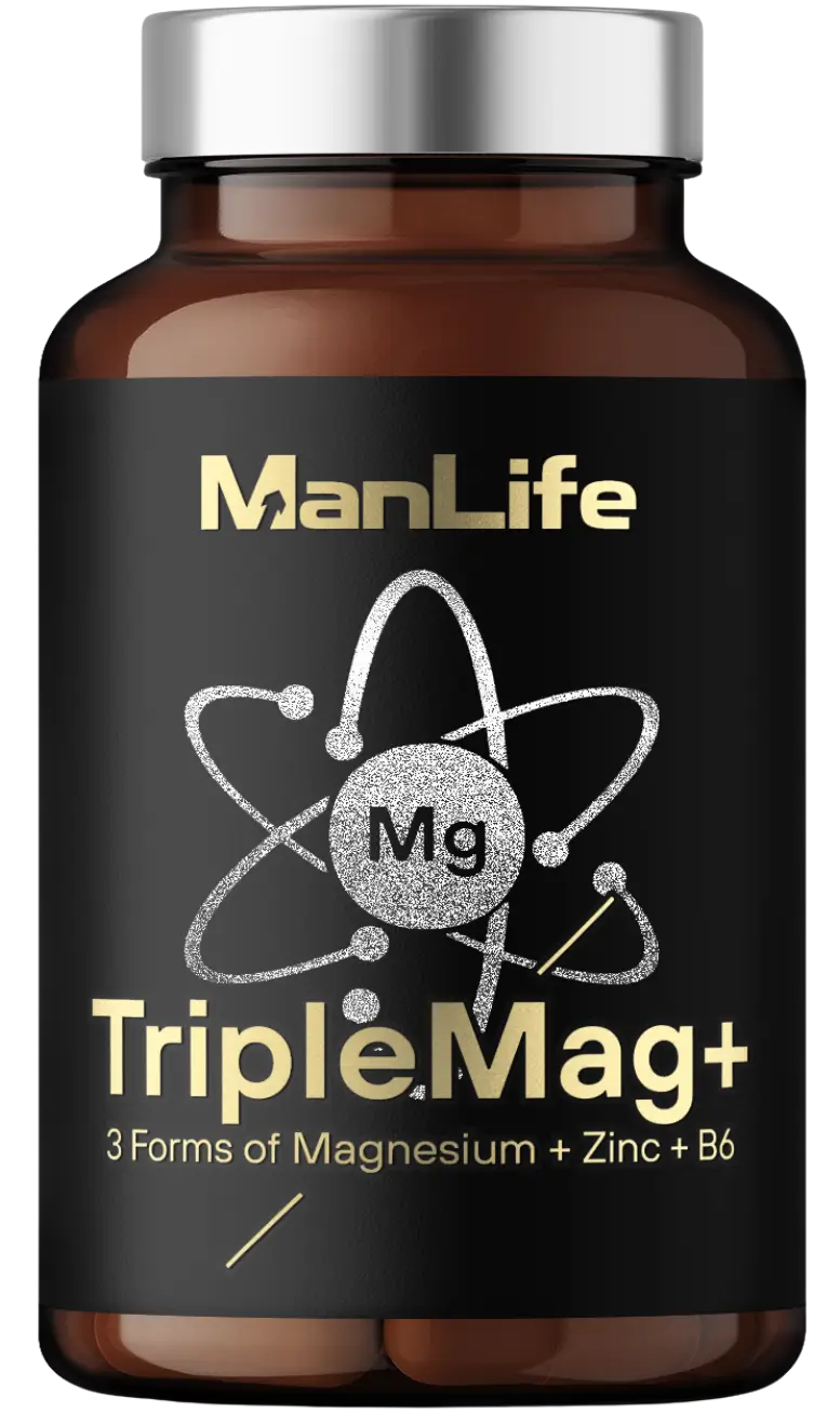 ManLife Triple Mag+ suplement diety w kapsułkach, 3 formy magnezu, cynk i witamina B6, opakowanie brązowa butelka z czarną etykietą i srebrną nakrętką.