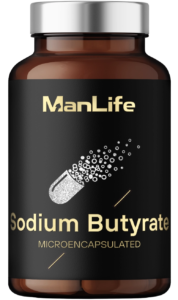 ManLife Sodium Butyrate mikroenkapsułkowany suplement diety w brązowej butelce z czarną etykietą i srebrną nakrętką.