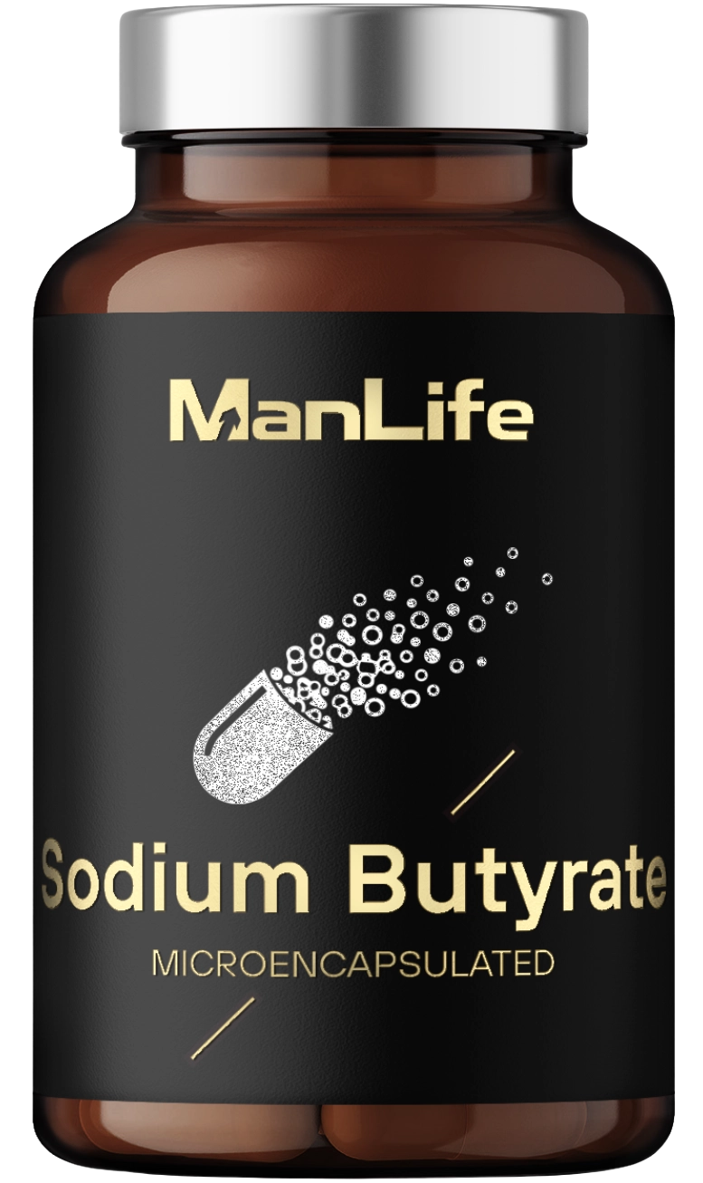 ManLife Sodium Butyrate microencapsulated w brązowej butelce z czarną etykietą i srebrną nakrętką, suplement diety dla mężczyzn.
