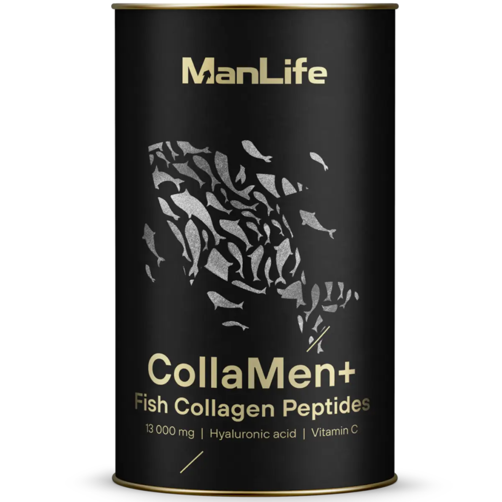 ManLife CollaMen+ Fish Collagen Peptides suplement diety w proszku, zawiera 13 000 mg kolagenu rybiego, kwas hialuronowy i witaminę C, opakowanie czarne w puszce.