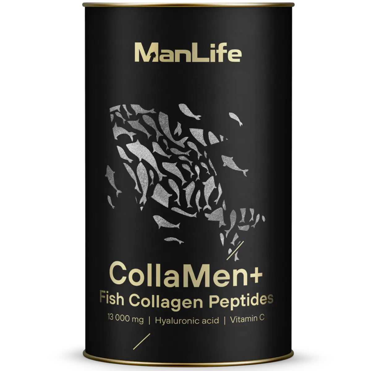 ManLife CollaMen+ Fish Collagen Peptides suplement diety w proszku, zawiera 13 000 mg kolagenu rybiego, kwas hialuronowy i witaminę C, opakowanie czarne w puszce.
