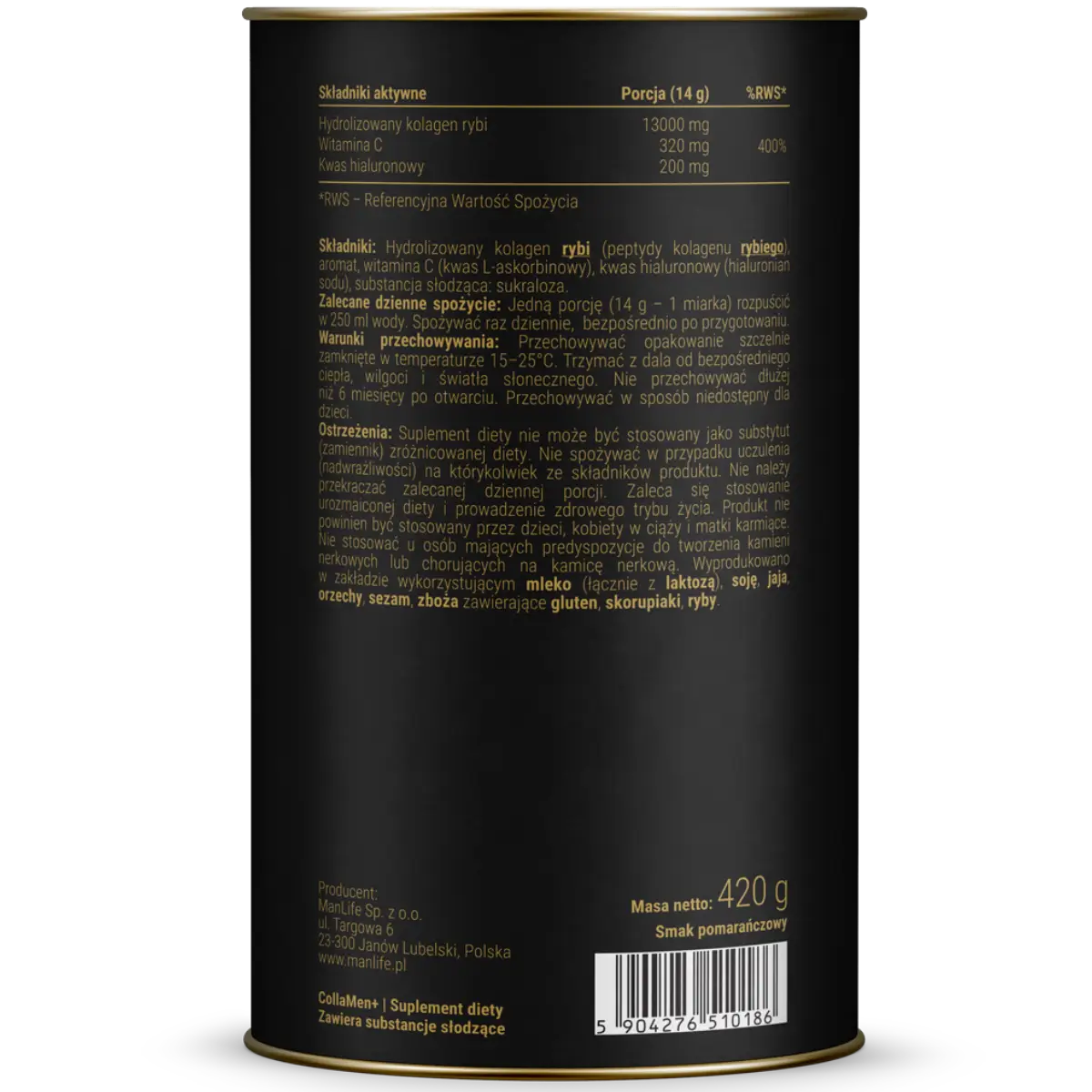 ManLife CollaMen+ suplement diety 420 g, pomarańczowy smak, hydrolyzowany kolagen rybi, witamina C, kwas hialuronowy, proszek do rozpuszczania w wodzie.