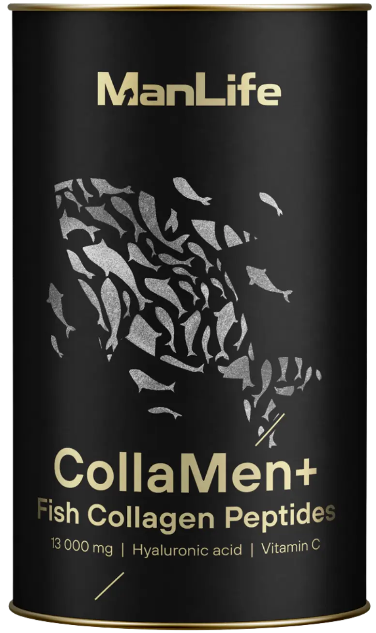 ManLife CollaMen+ Fish Collagen Peptides suplement diety w proszku z kwasem hialuronowym i witaminą C, 13000 mg, czarne metalowe opakowanie.