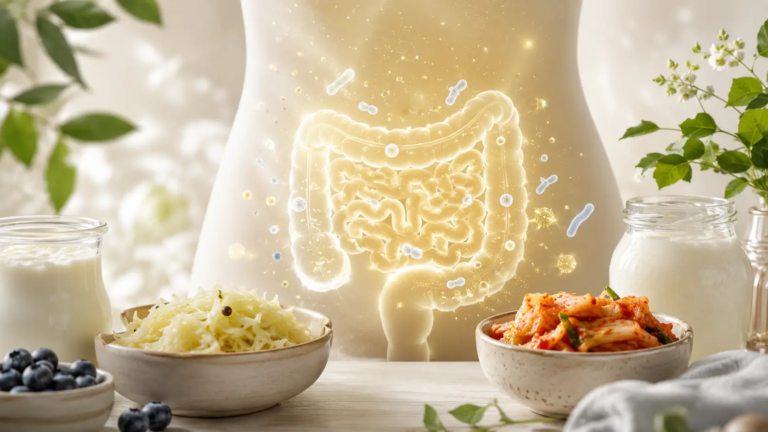 Ilustracja układu trawiennego z fermentowanymi produktami spożywczymi wspierającymi zdrową florę jelitową, takimi jak kiszona kapusta, kimchi i jogurt naturalny.