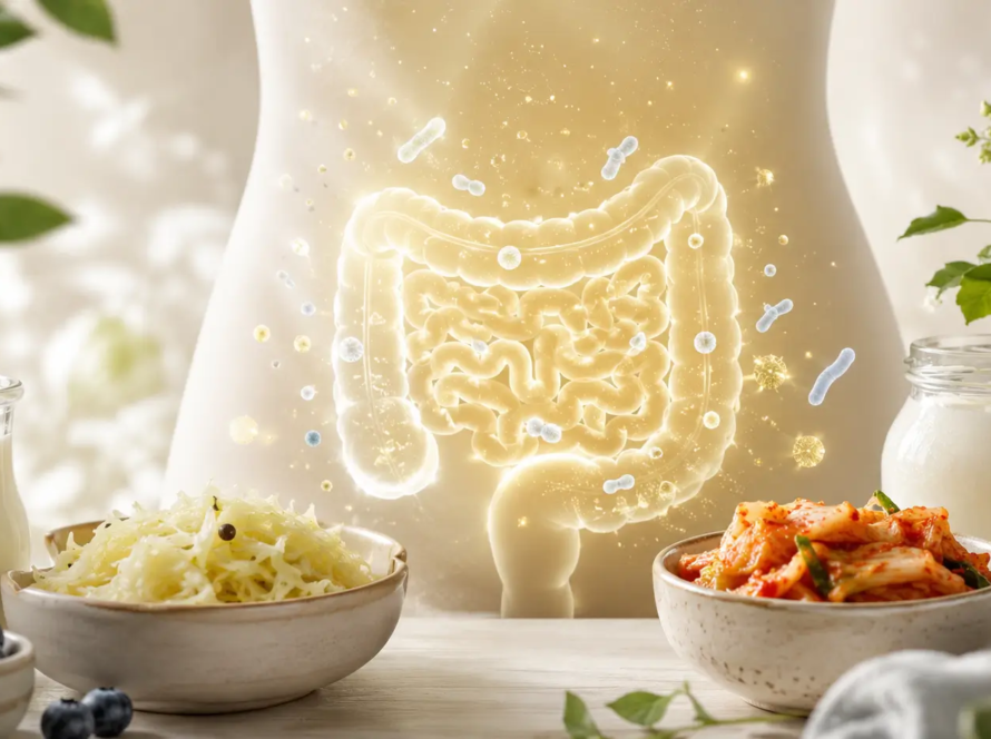 Ilustracja układu trawiennego z fermentowanymi produktami spożywczymi wspierającymi zdrową florę jelitową, takimi jak kiszona kapusta, kimchi i jogurt naturalny.