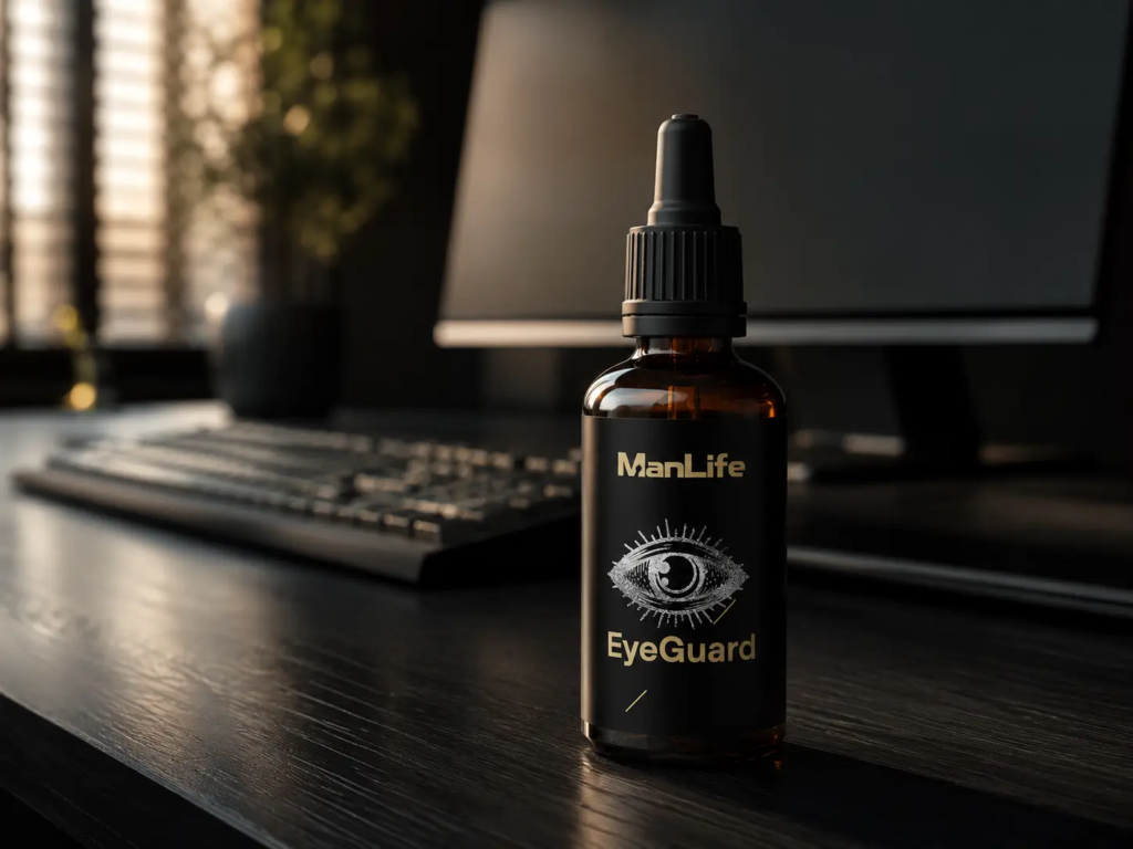 ManLife EyeGuard suplement diety w butelce z ciemnego szkła z kroplomierzem, wsparcie dla zdrowia oczu.