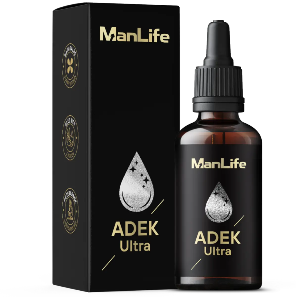 ManLife ADEK Ultra suplement diety w kroplach w ciemnej butelce z kroplomierzem, opakowanie czarne z logo i symbolem kropli, witaminy A, D, E, K.