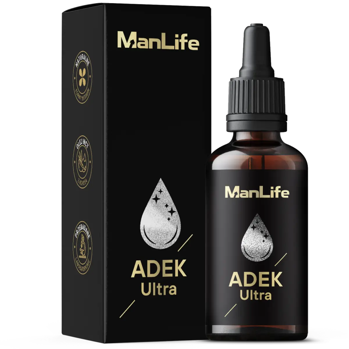 ManLife ADEK Ultra suplement diety w kroplach w ciemnej butelce z kroplomierzem, opakowanie czarne z logo i symbolem kropli, witaminy A, D, E, K.